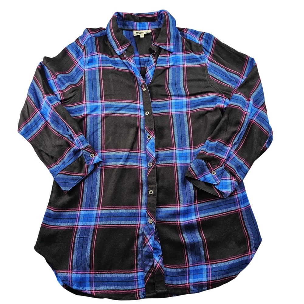 Hester & Orchard Shirt Women's‎ Small Black Blue Plaid Roll Tab Sleeve Button-Up